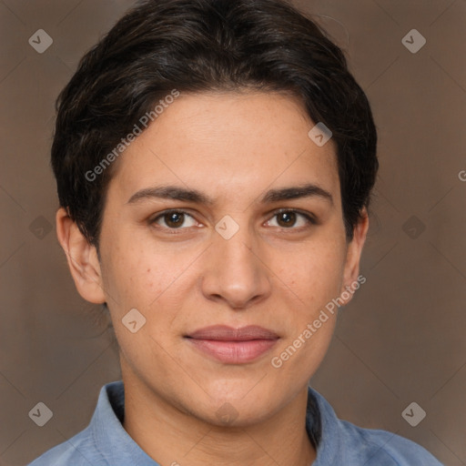 Joyful white adult female with medium  brown hair and brown eyes