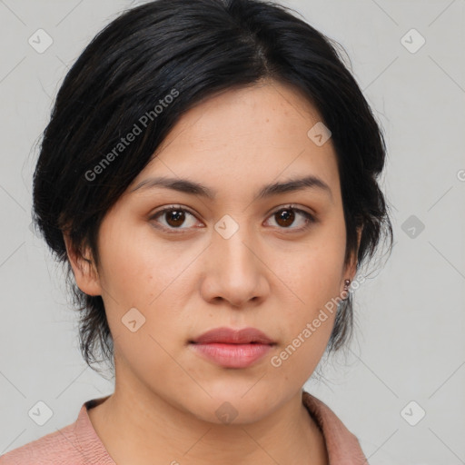 Neutral asian young-adult female with medium  black hair and brown eyes