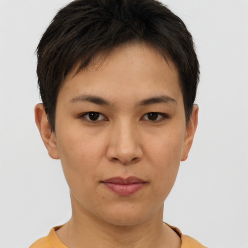 Joyful asian young-adult female with short  brown hair and brown eyes