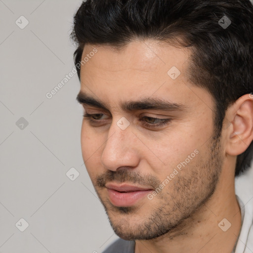 Neutral white young-adult male with short  brown hair and brown eyes