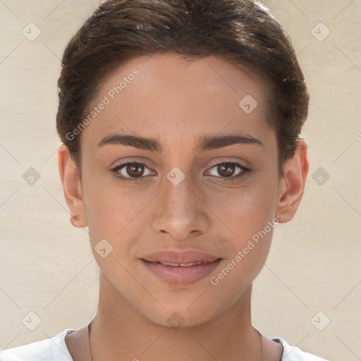 Joyful white young-adult female with short  brown hair and brown eyes