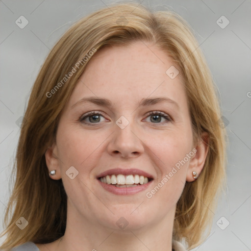 Joyful white young-adult female with medium  brown hair and blue eyes