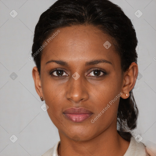 Neutral black young-adult female with short  brown hair and brown eyes