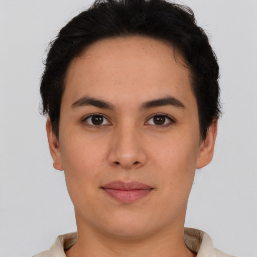 Neutral latino young-adult female with short  brown hair and brown eyes