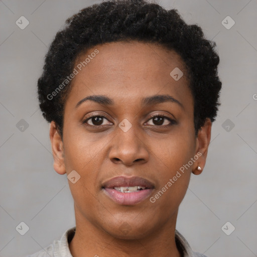 Joyful black young-adult female with short  brown hair and brown eyes