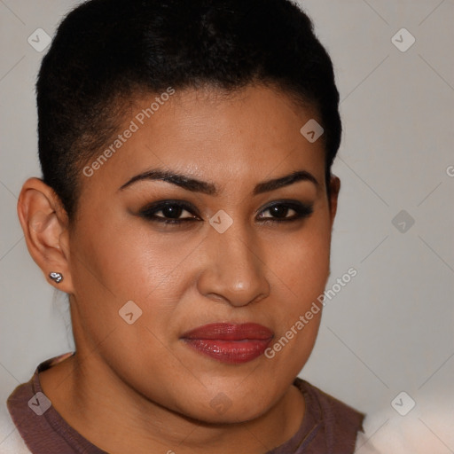 Joyful latino young-adult female with short  brown hair and brown eyes
