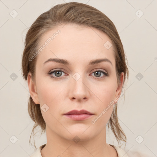 Neutral white young-adult female with medium  brown hair and grey eyes