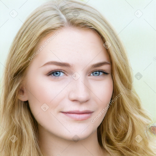 Joyful white young-adult female with long  brown hair and blue eyes