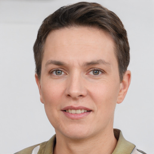 Joyful white adult male with short  brown hair and grey eyes