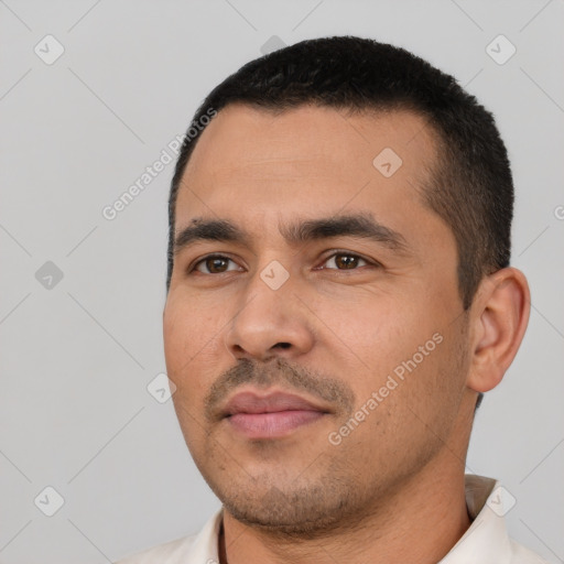 Neutral latino young-adult male with short  black hair and brown eyes