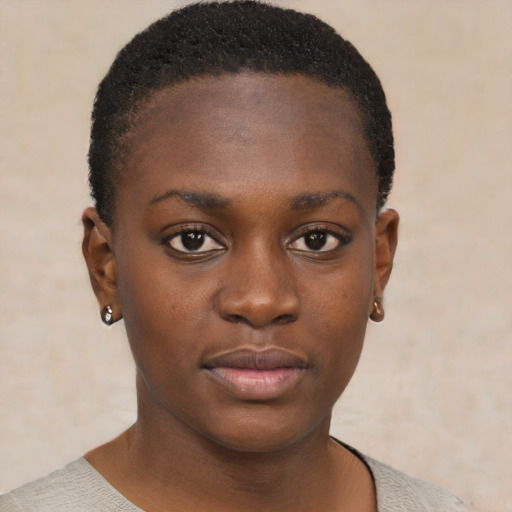 Neutral black young-adult female with short  black hair and brown eyes