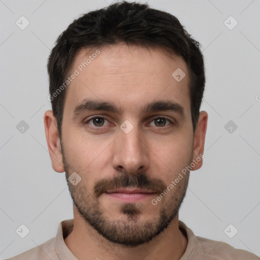 Neutral white young-adult male with short  brown hair and brown eyes