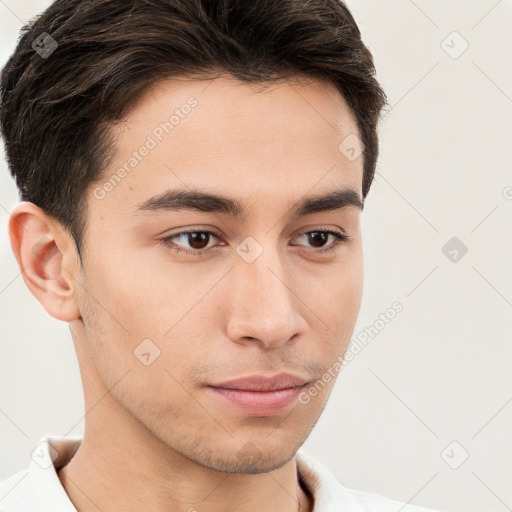 Neutral white young-adult male with short  brown hair and brown eyes