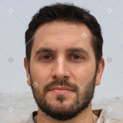 Neutral white young-adult male with short  brown hair and brown eyes