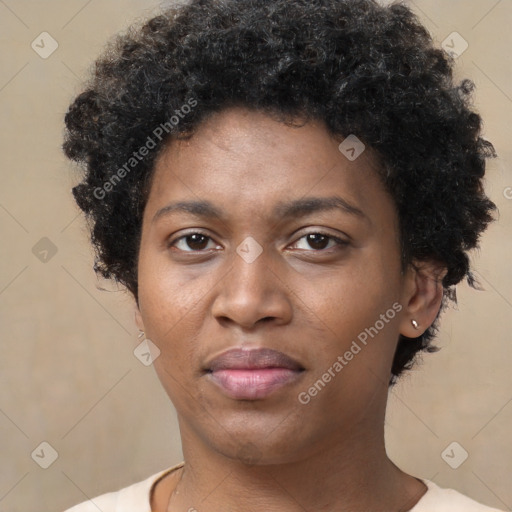 Neutral black young-adult female with short  black hair and brown eyes