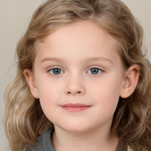 Joyful white child female with medium  brown hair and grey eyes