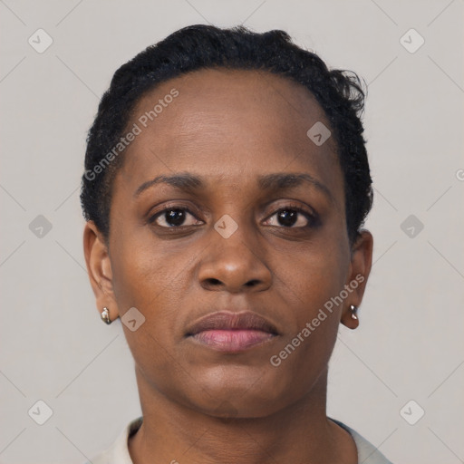 Neutral black young-adult female with short  black hair and brown eyes