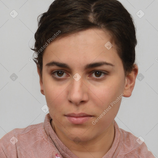 Neutral white young-adult female with short  brown hair and brown eyes