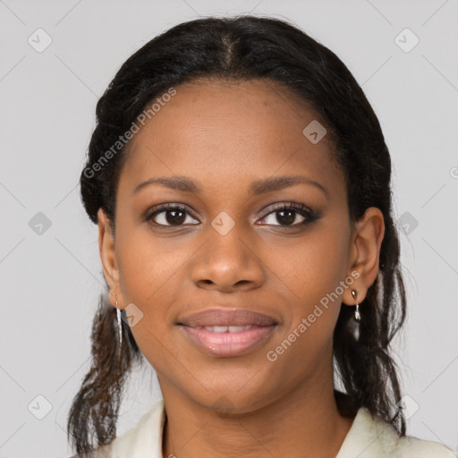 Joyful black young-adult female with medium  black hair and brown eyes