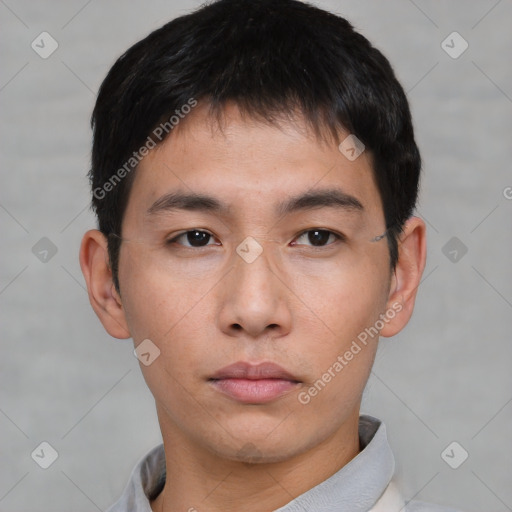 Neutral asian young-adult male with short  brown hair and brown eyes