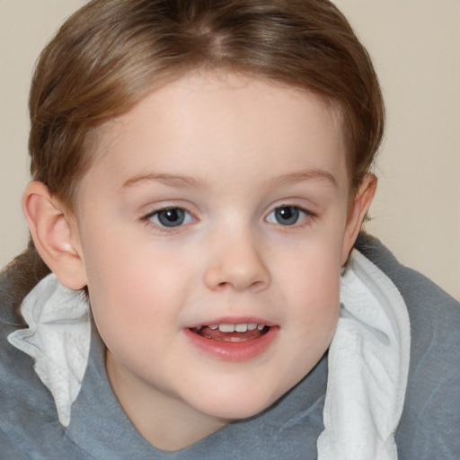 Joyful white child female with short  brown hair and brown eyes