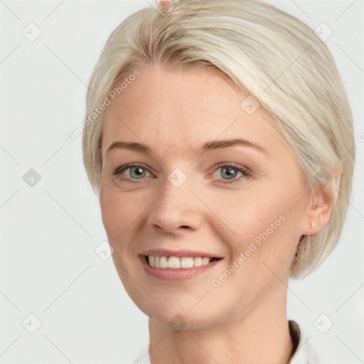 Joyful white young-adult female with medium  brown hair and blue eyes