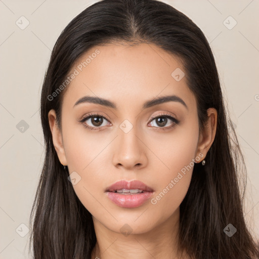 Neutral white young-adult female with long  brown hair and brown eyes