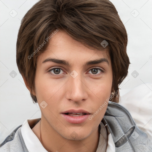 Neutral white young-adult female with short  brown hair and brown eyes