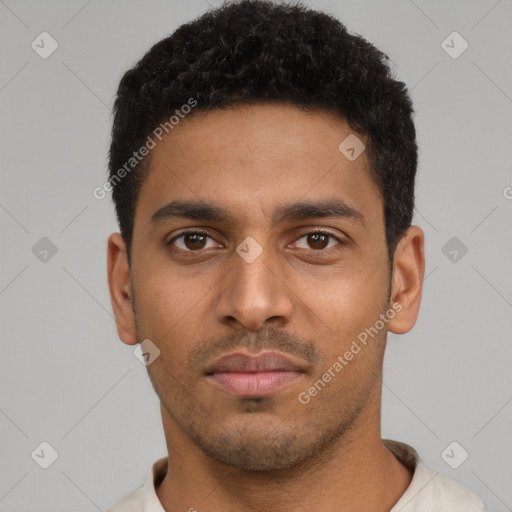 Neutral latino young-adult male with short  black hair and brown eyes