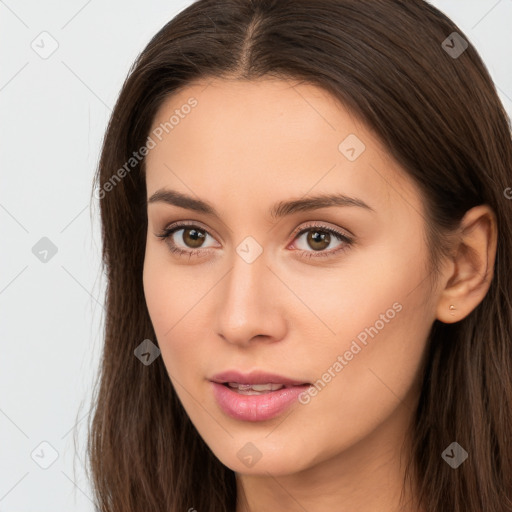 Neutral white young-adult female with long  brown hair and brown eyes