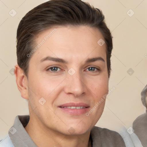 Joyful white young-adult female with short  brown hair and brown eyes