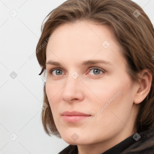 Neutral white young-adult female with medium  brown hair and grey eyes