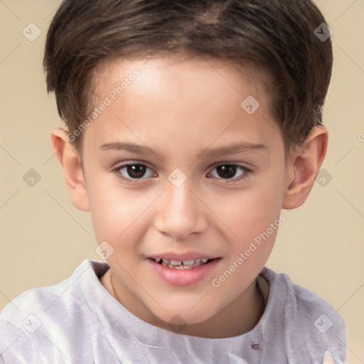 Joyful white child female with short  brown hair and brown eyes