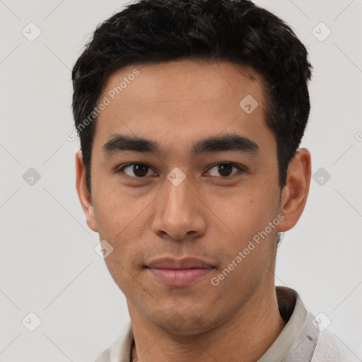 Neutral latino young-adult male with short  black hair and brown eyes