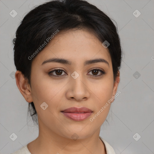 Joyful latino young-adult female with medium  brown hair and brown eyes