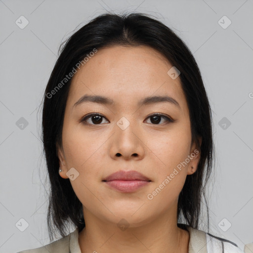 Neutral asian young-adult female with medium  brown hair and brown eyes