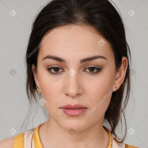 Neutral white young-adult female with medium  brown hair and brown eyes