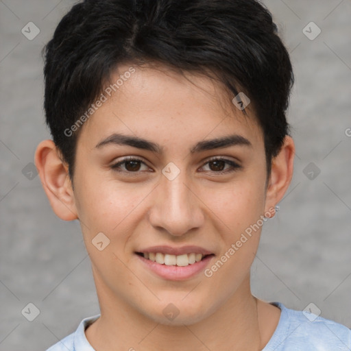 Joyful white young-adult female with short  brown hair and brown eyes