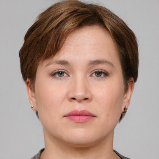 Neutral asian young-adult female with short  brown hair and grey eyes