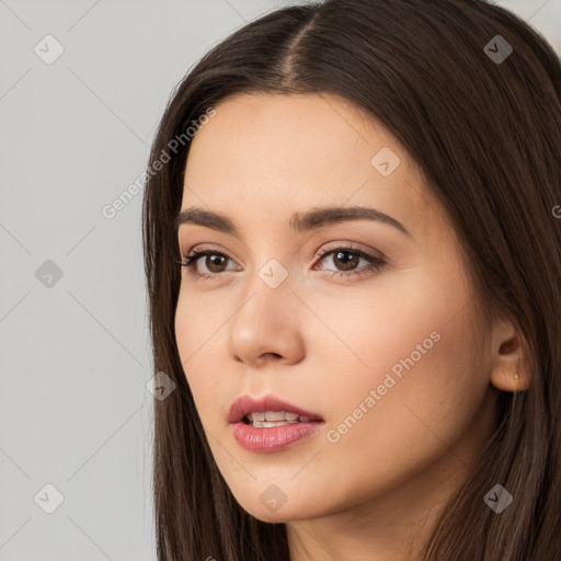 Neutral white young-adult female with long  brown hair and brown eyes