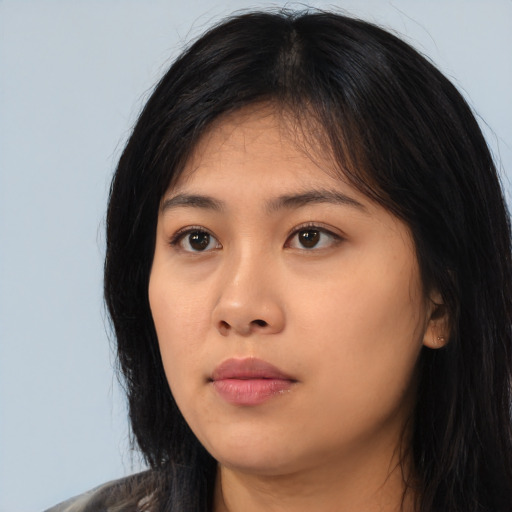 Neutral asian young-adult female with long  black hair and brown eyes