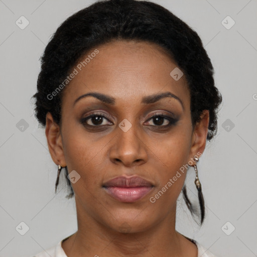 Neutral black young-adult female with short  black hair and brown eyes