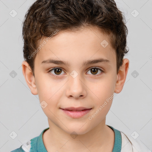 Joyful white child male with short  brown hair and brown eyes