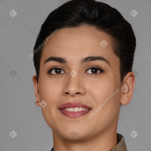 Joyful white young-adult female with short  brown hair and brown eyes