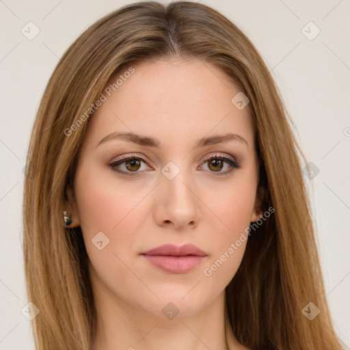 Neutral white young-adult female with long  brown hair and brown eyes