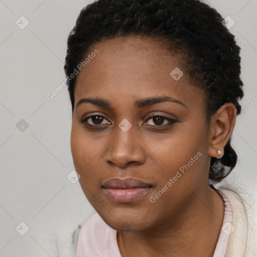 Neutral black young-adult female with short  black hair and brown eyes