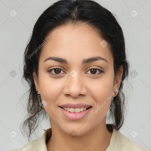 Joyful latino young-adult female with medium  brown hair and brown eyes