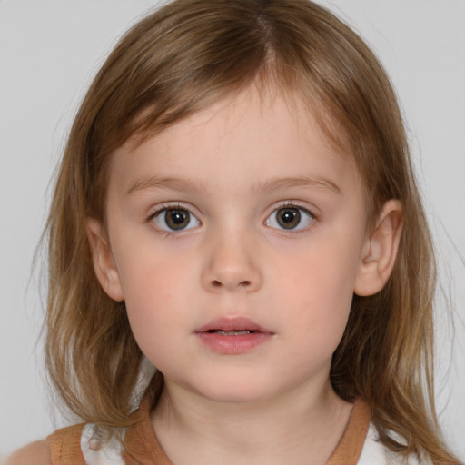 Neutral white child female with medium  brown hair and grey eyes