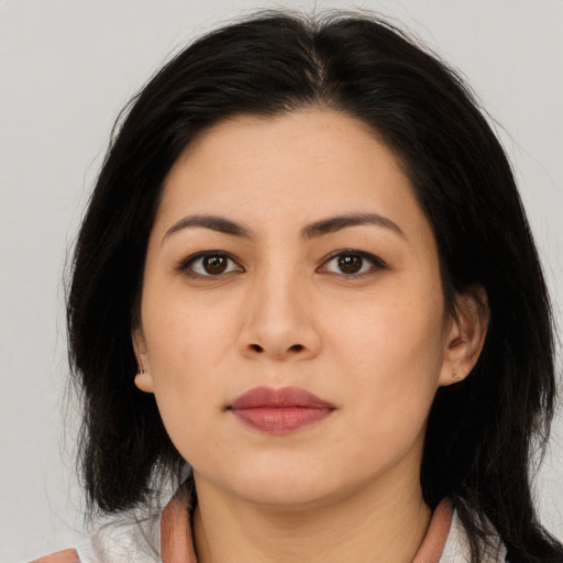Neutral asian young-adult female with medium  black hair and brown eyes