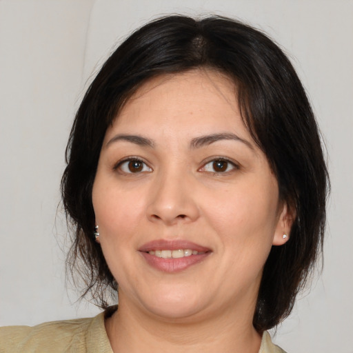 Joyful white adult female with medium  brown hair and brown eyes